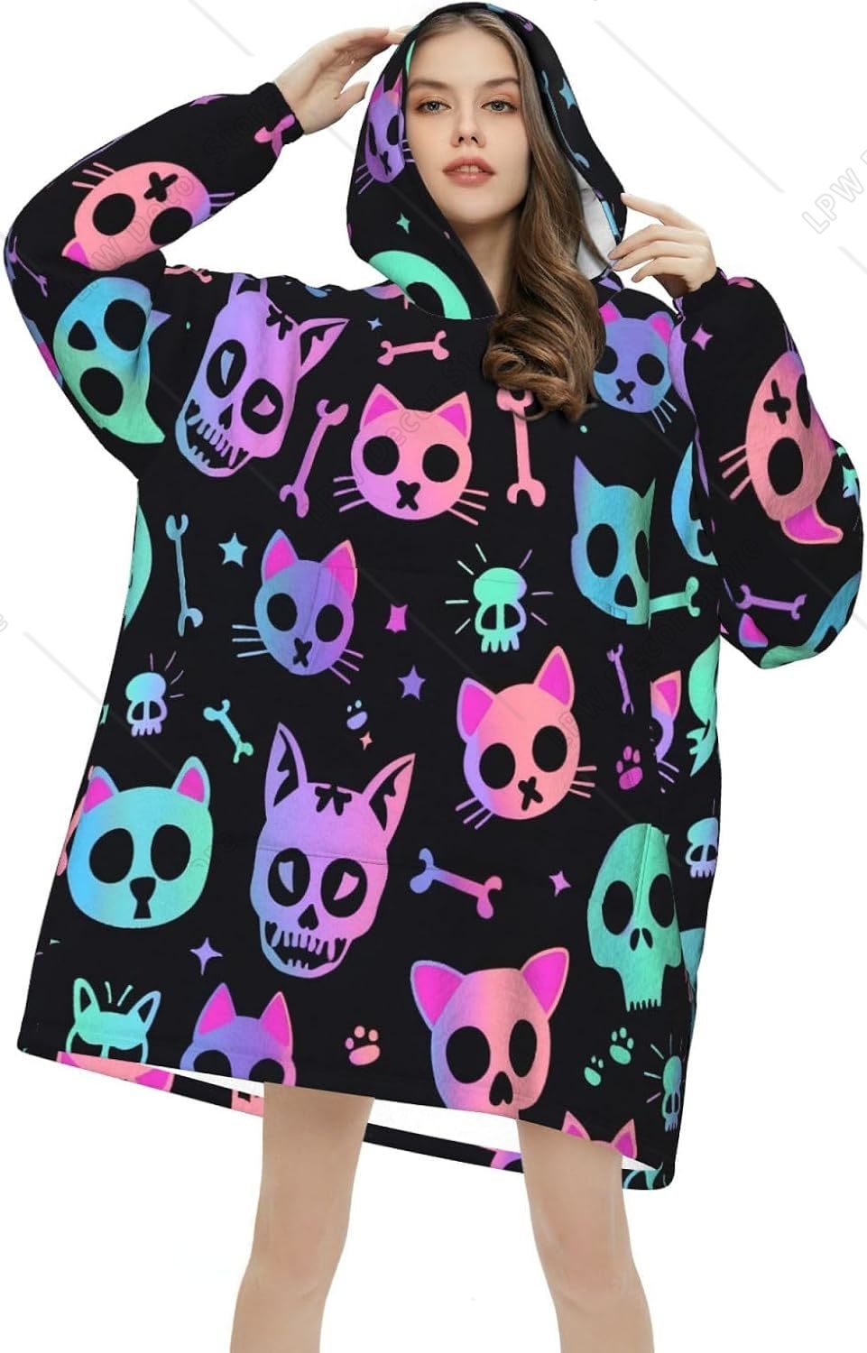 Cat Skulls Bones Wearable Blan - Sherpa Hoodie Fleece 评论和价格