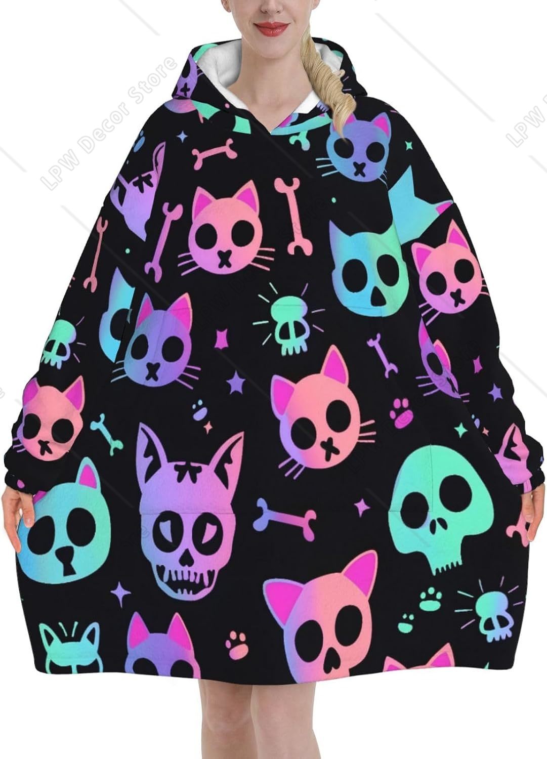 Cat Skulls Bones Wearable Blan - Sherpa Hoodie Fleece 评论和价格
