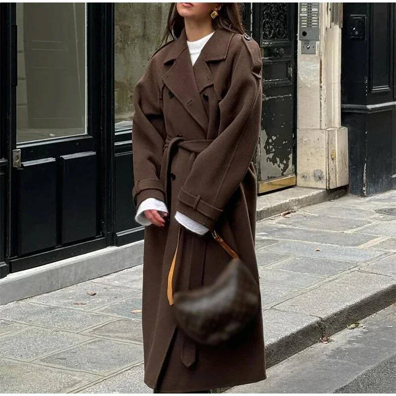 Elegant Grey Belt Long Faux Wo - Wool Coat Peacoat 评论和价格